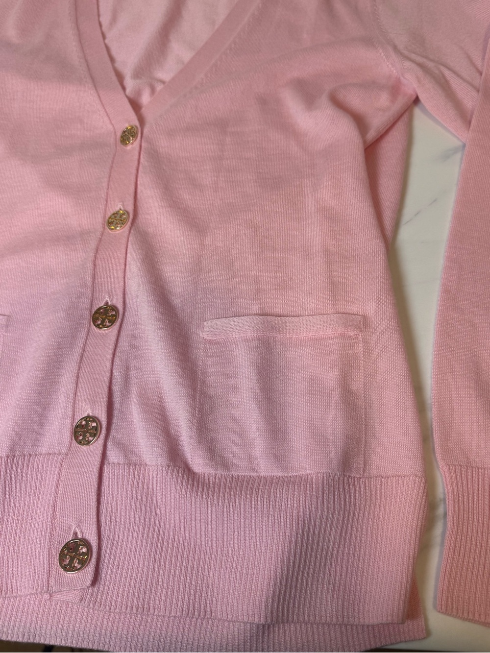 Tory Burch baby pink gold button cardigan - Picture 3 of 9